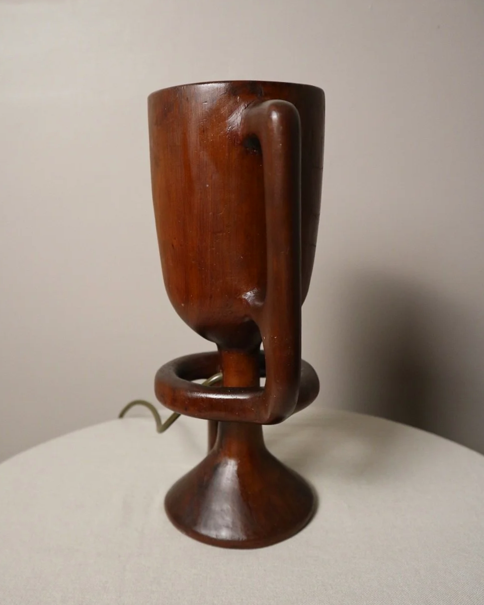 French sculptural carved wooden lamp. Originally circa 1970s