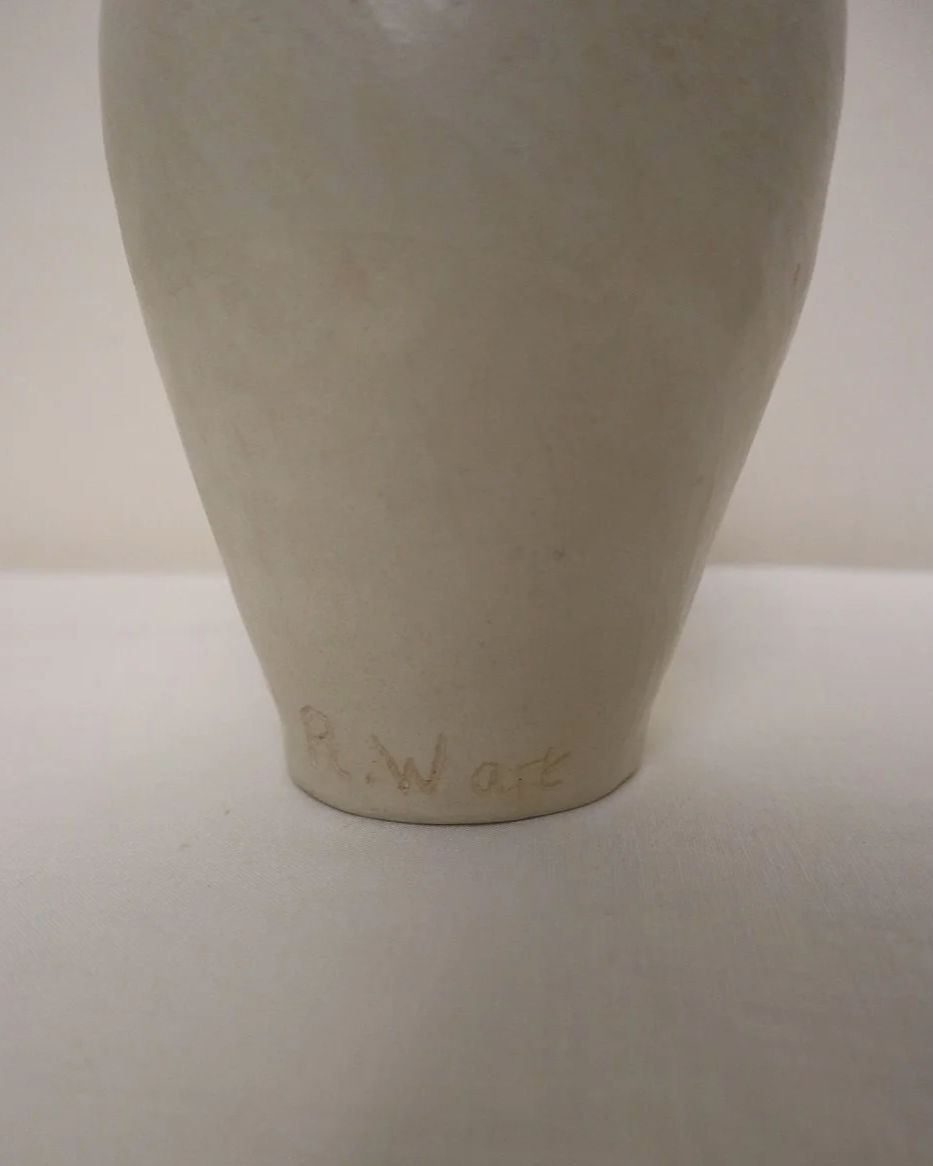 Set of three white ceramic abstract sculptures in the shape of the female form. Unknown age.  Signed 'R W Art / RoseWood Art'