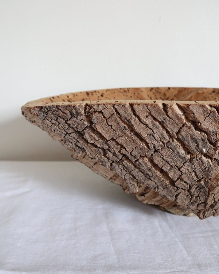 Vintage handmade decorative oval shaped natural cork bowl. Made with three pieces of cork.