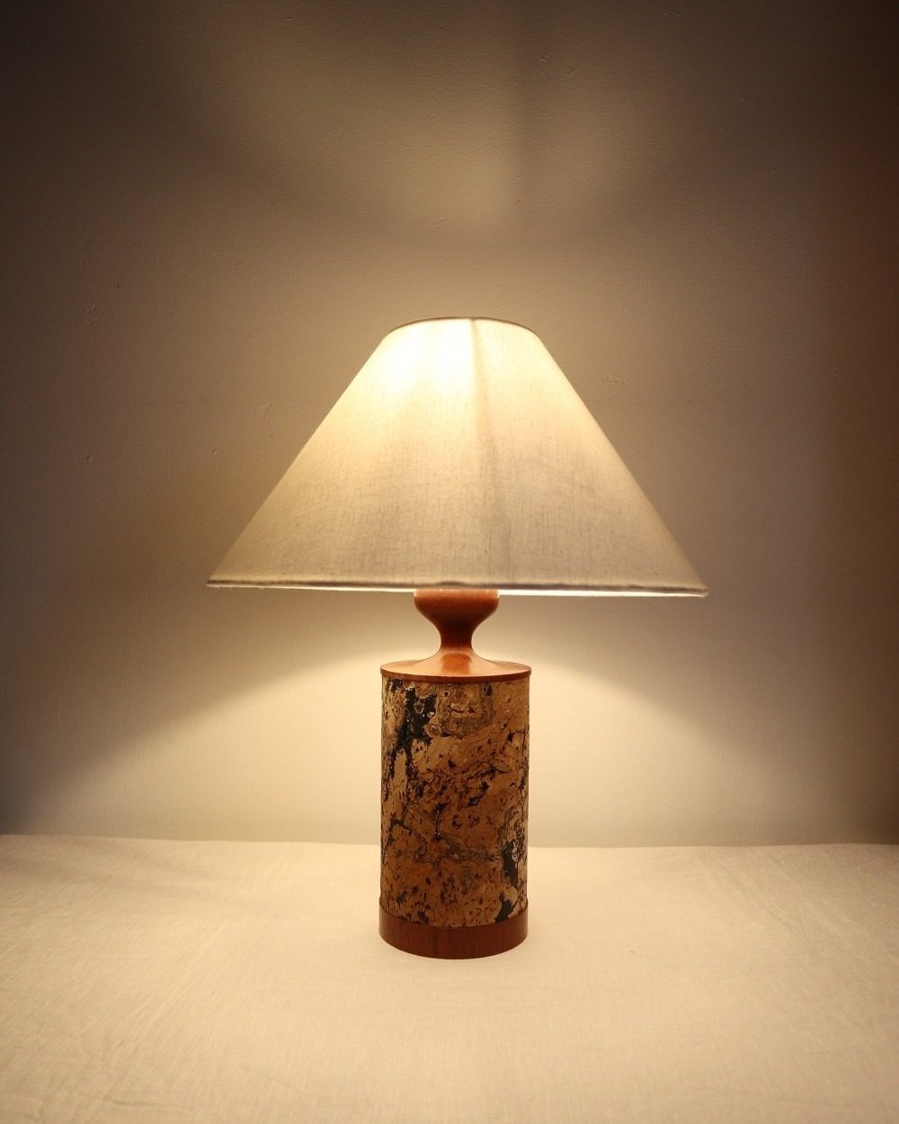 Mid century teak and cork table lamp, circa 1970s.