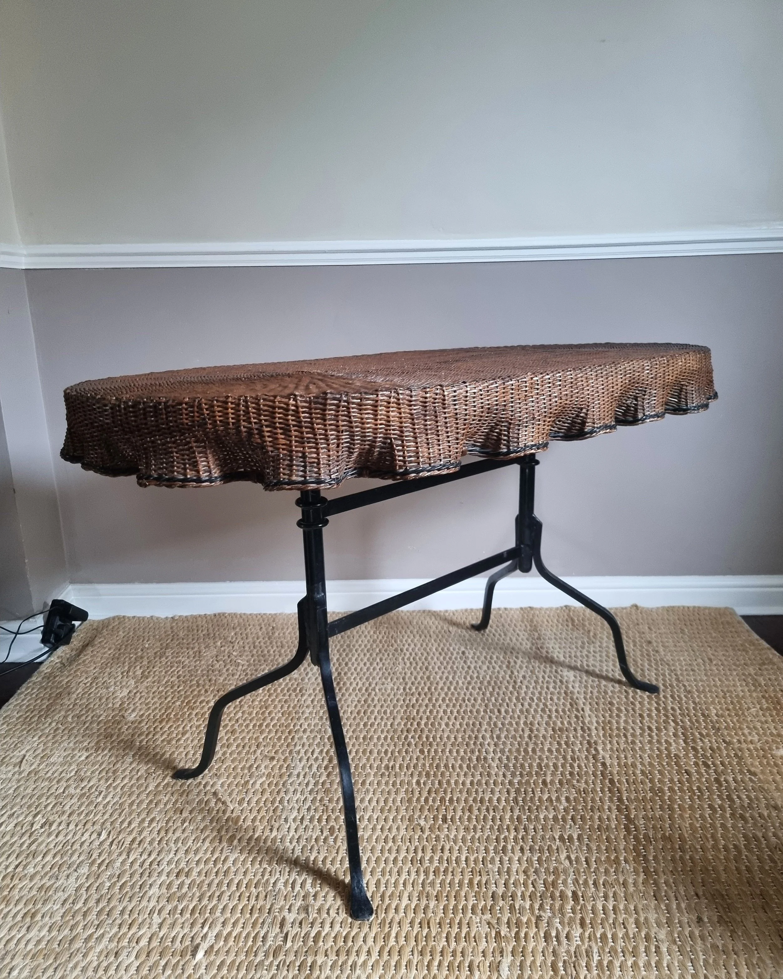 Rare, exquisite trompe l'oeil woven rattan table