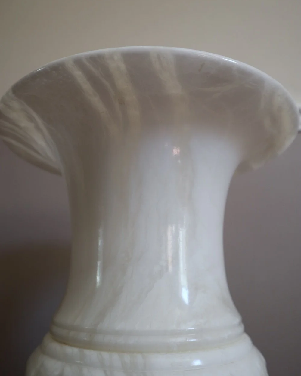 Large Italian carved alabaster urn table lamp, with delicate petal details.