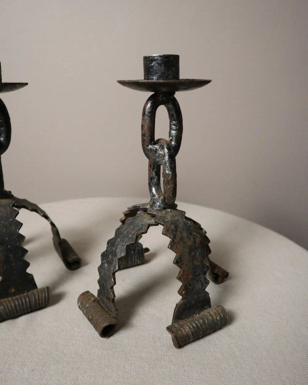 Pair of  French Brutalist wrought iron chain candleholders in the style of Franz West. Circa 1970s.