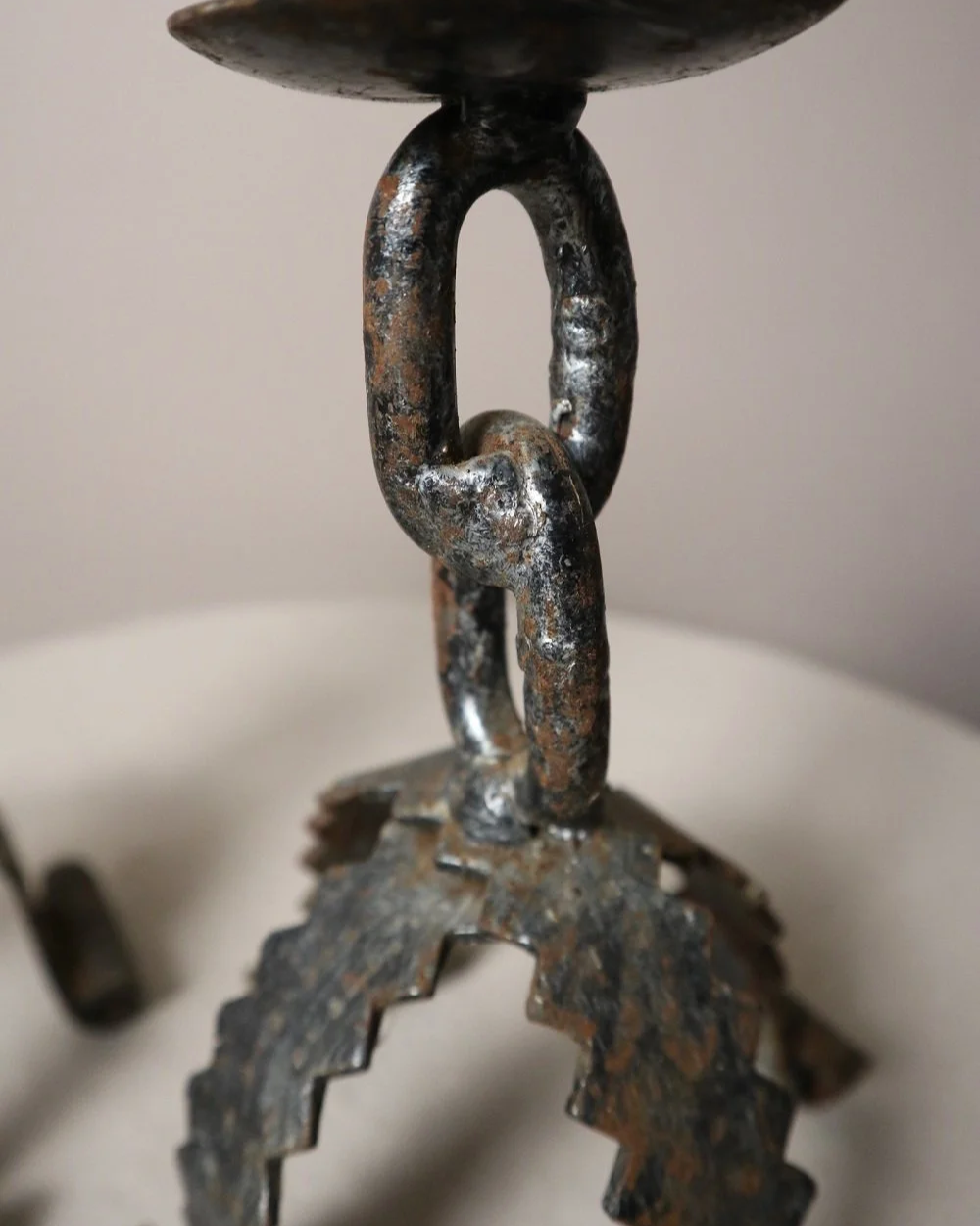 Pair of  French Brutalist wrought iron chain candleholders in the style of Franz West. Circa 1970s.