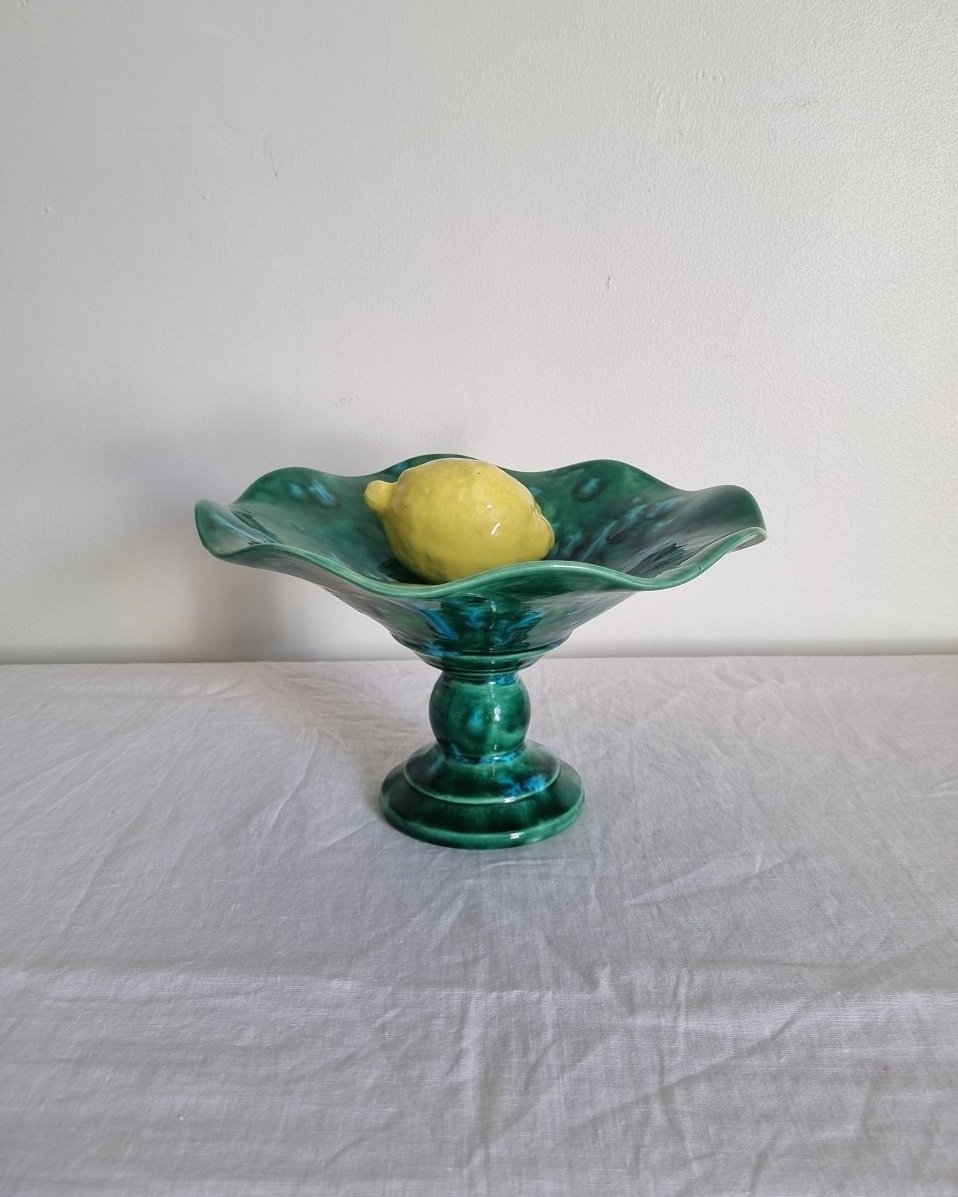 Studio pottery vibrant blue green shiny drip glaze pedestal cake stand / dish with wavy edge.