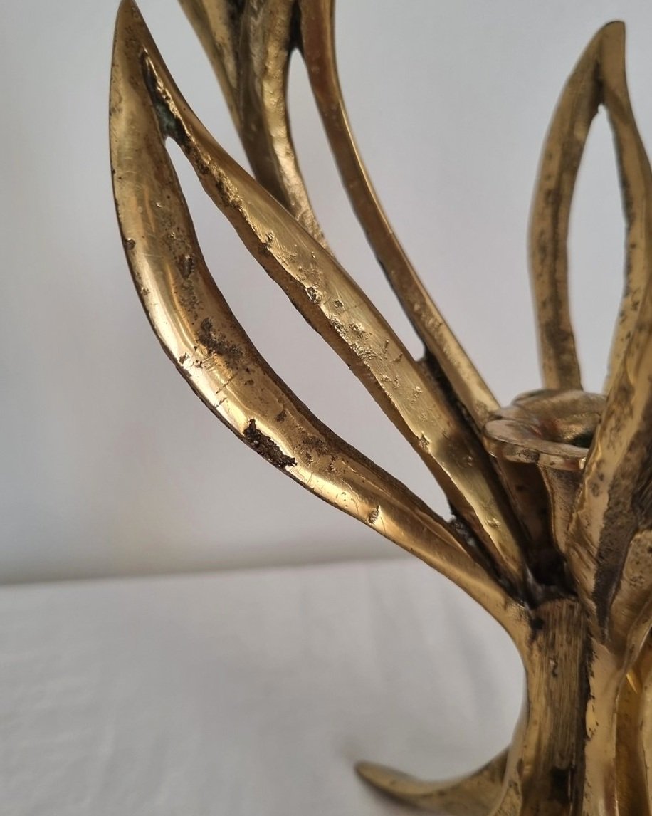 Mid century Art Nouveau style floral heavy brass candelabra with three arms and central candleholder. Circa 1970s.