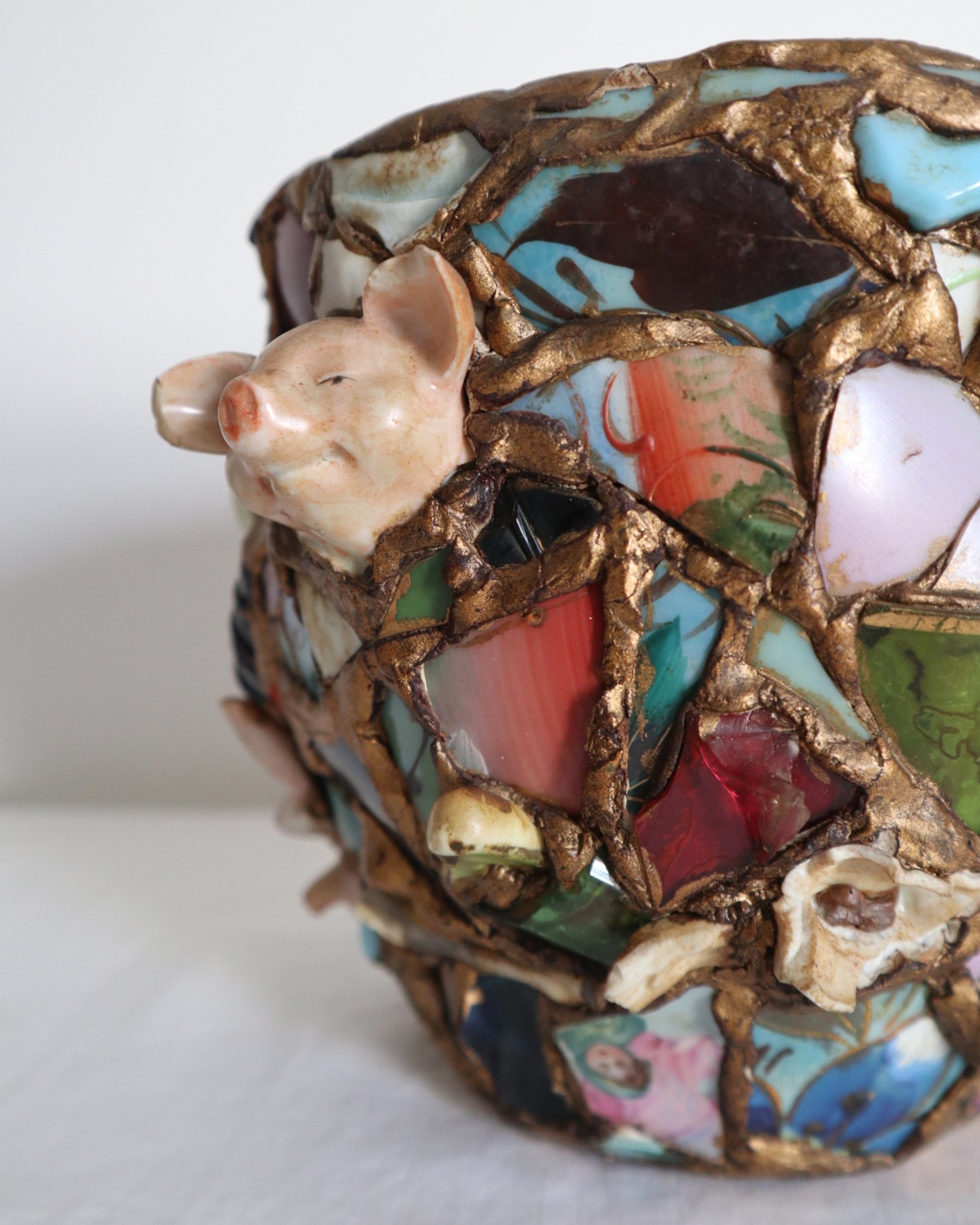 Quirky and characterful pique assiette mosaic pottery plant pot.