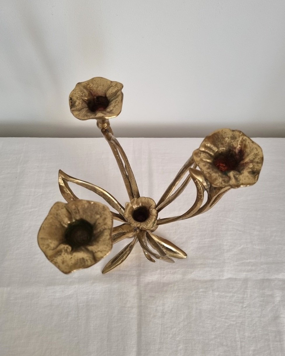 Mid century Art Nouveau style floral heavy brass candelabra with three arms and central candleholder. Circa 1970s.