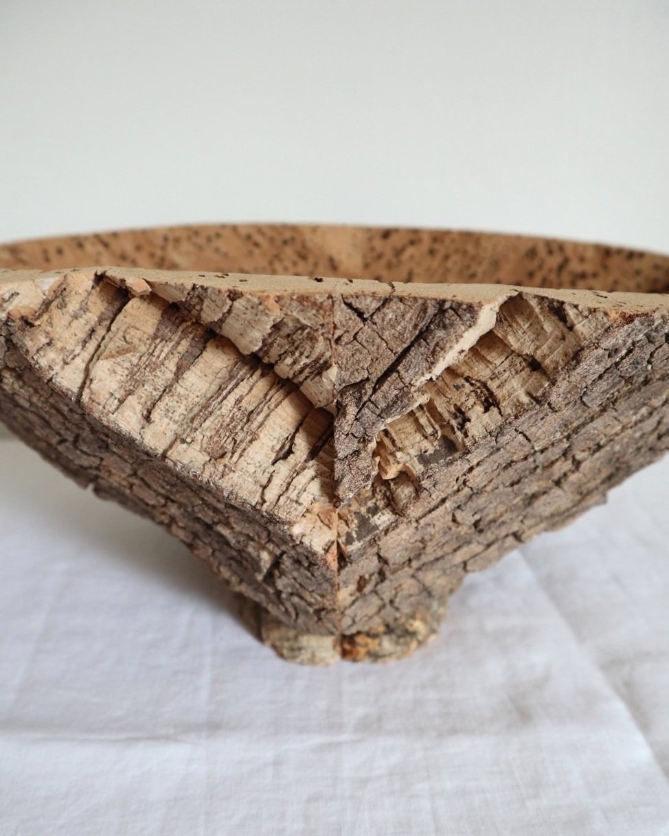 Vintage handmade decorative oval shaped natural cork bowl. Made with three pieces of cork.