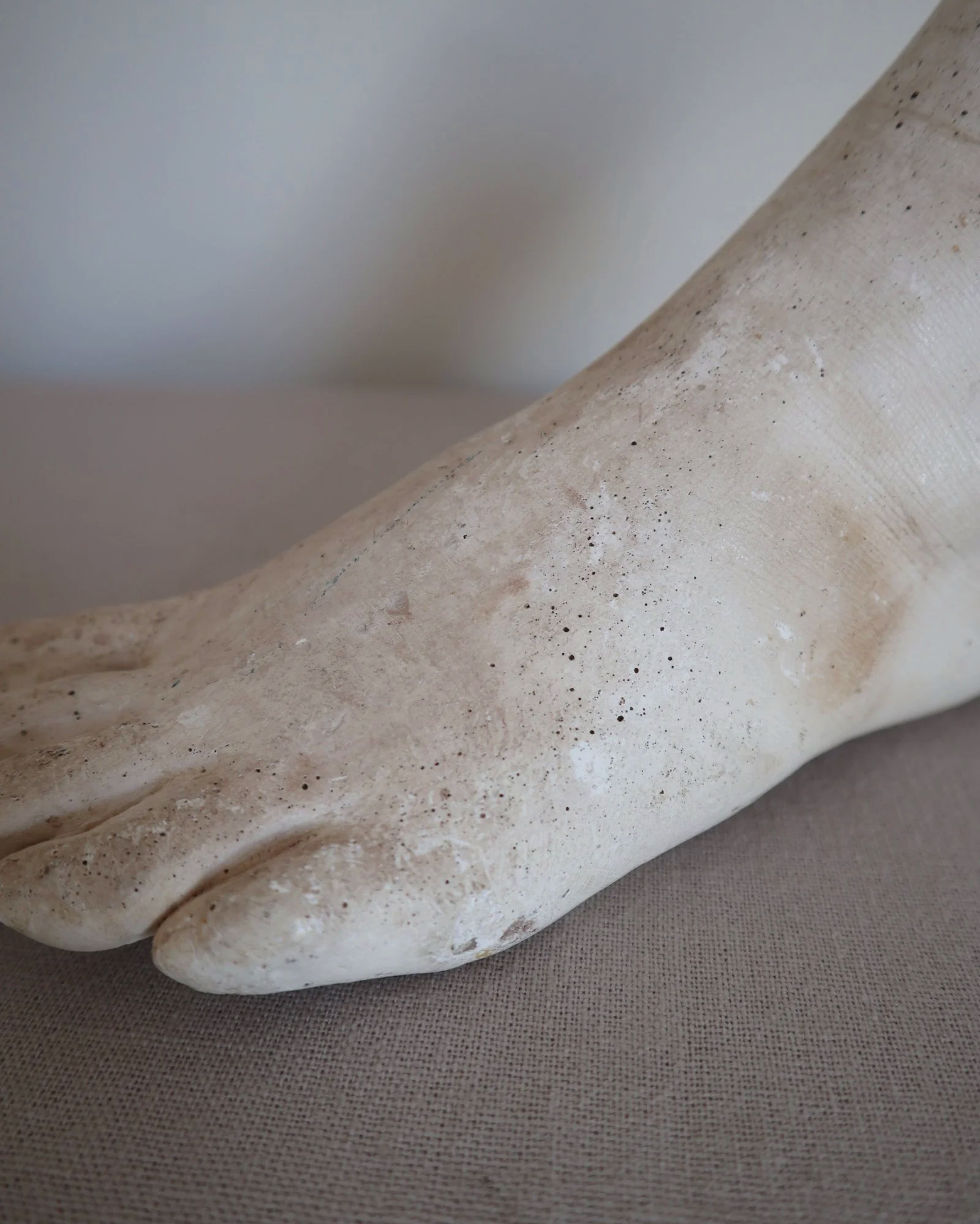 Classical-style decorative plaster foot sculpture, likely used as an anatomical or art studio study model.