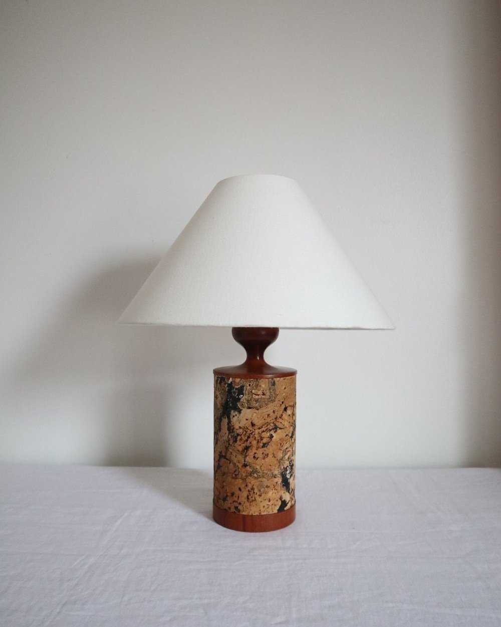Mid century teak and cork table lamp, circa 1970s.