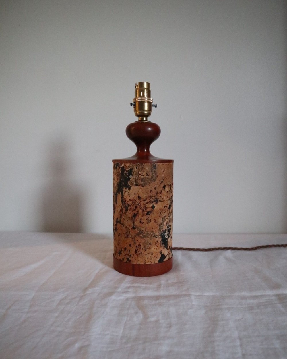 Mid century teak and cork table lamp, circa 1970s.
