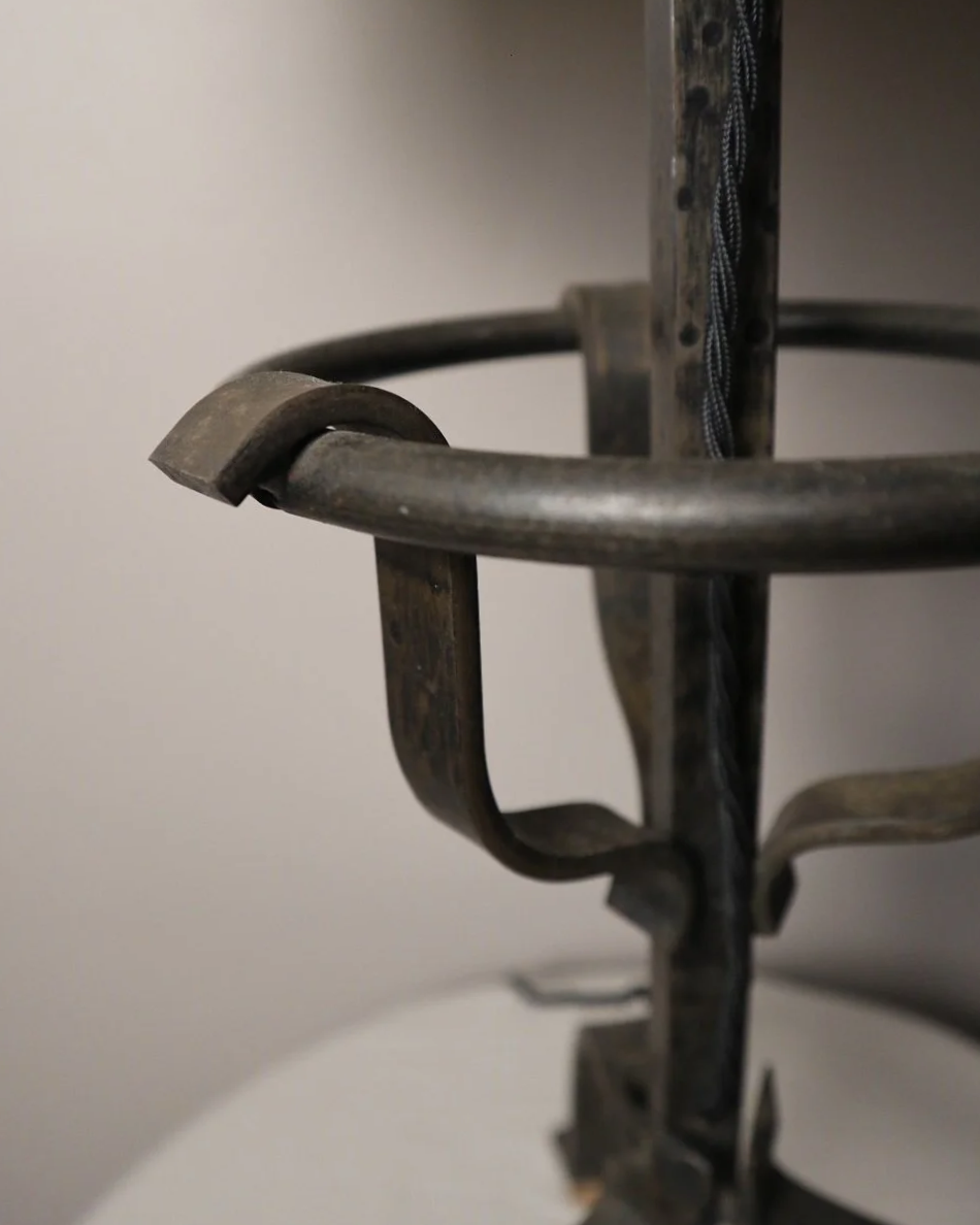 Large Brutalist wrought iron tripod lamp from the Netherlands, 1960s.