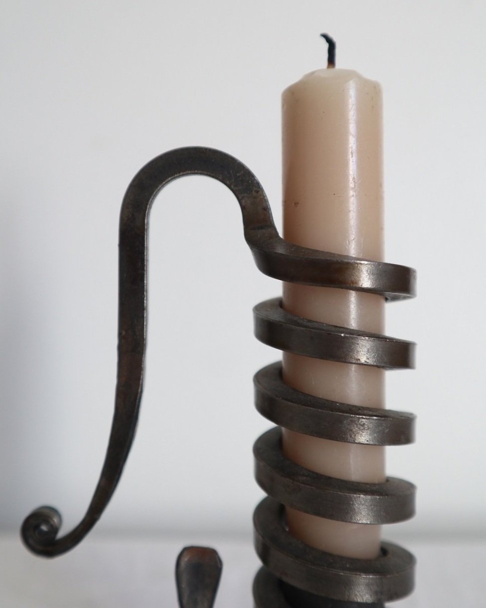 Vintage French 'Rat de cave' iron candleholder with turning spiral mechanism and signature curled handle. Circa 1970s.  Marked 'Bourgogne Bouillot 71220 France'.