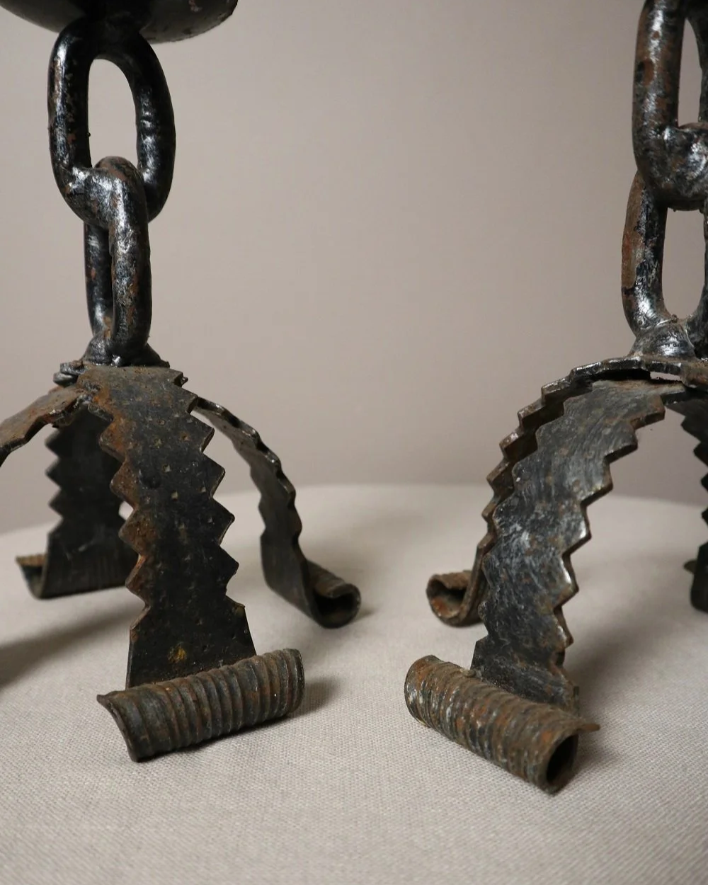 Pair of  French Brutalist wrought iron chain candleholders in the style of Franz West. Circa 1970s.