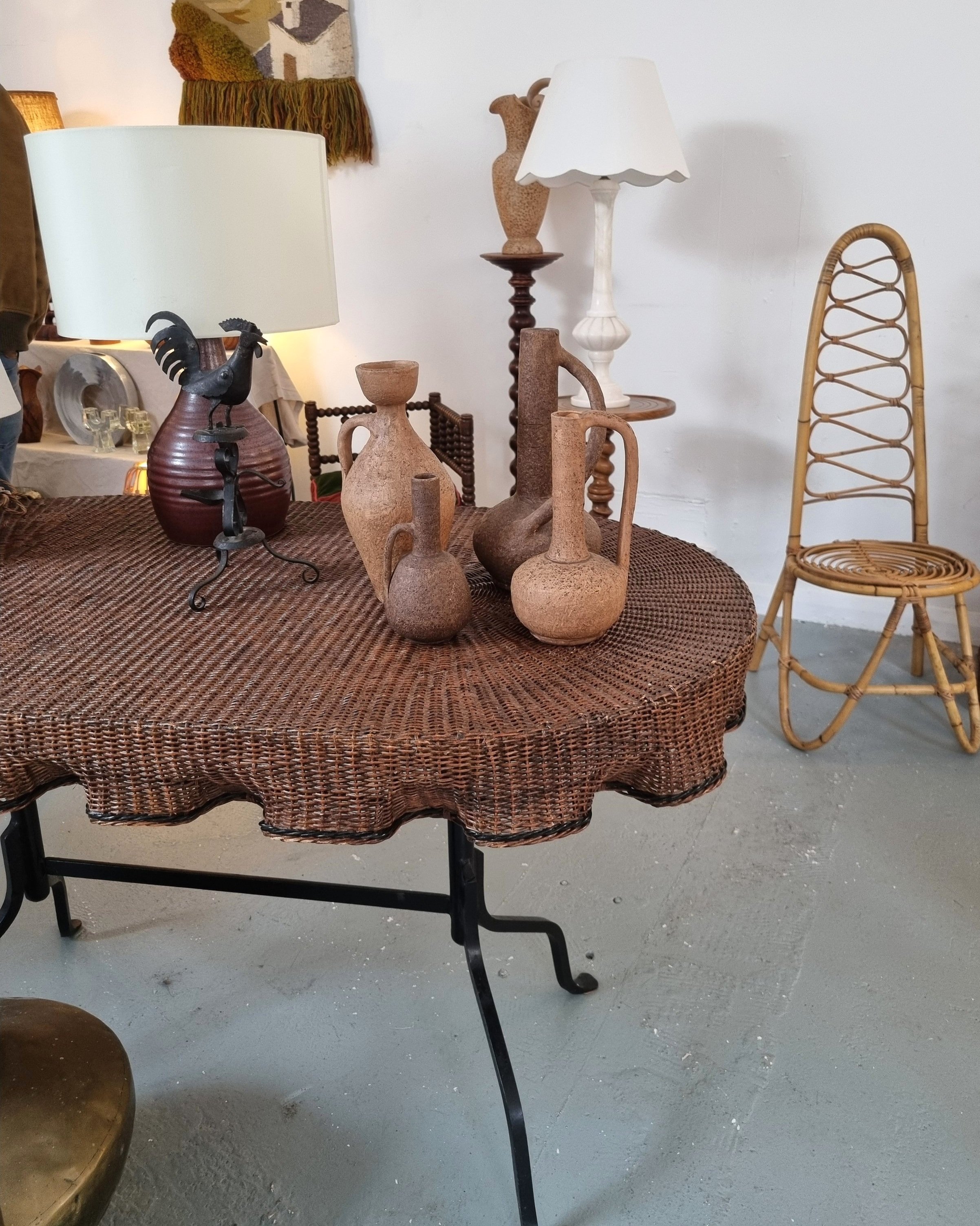 Rare, exquisite trompe l'oeil woven rattan table