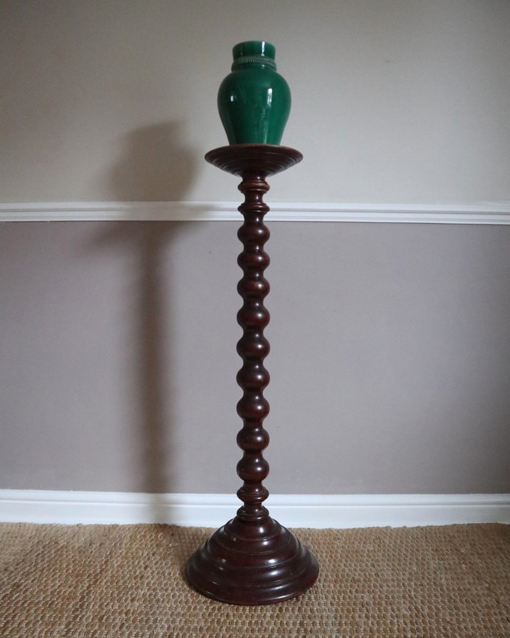 Tall mid century darkwood jardiniere plant stand display plinth with carved bobbin column and heavy turned wood base.
