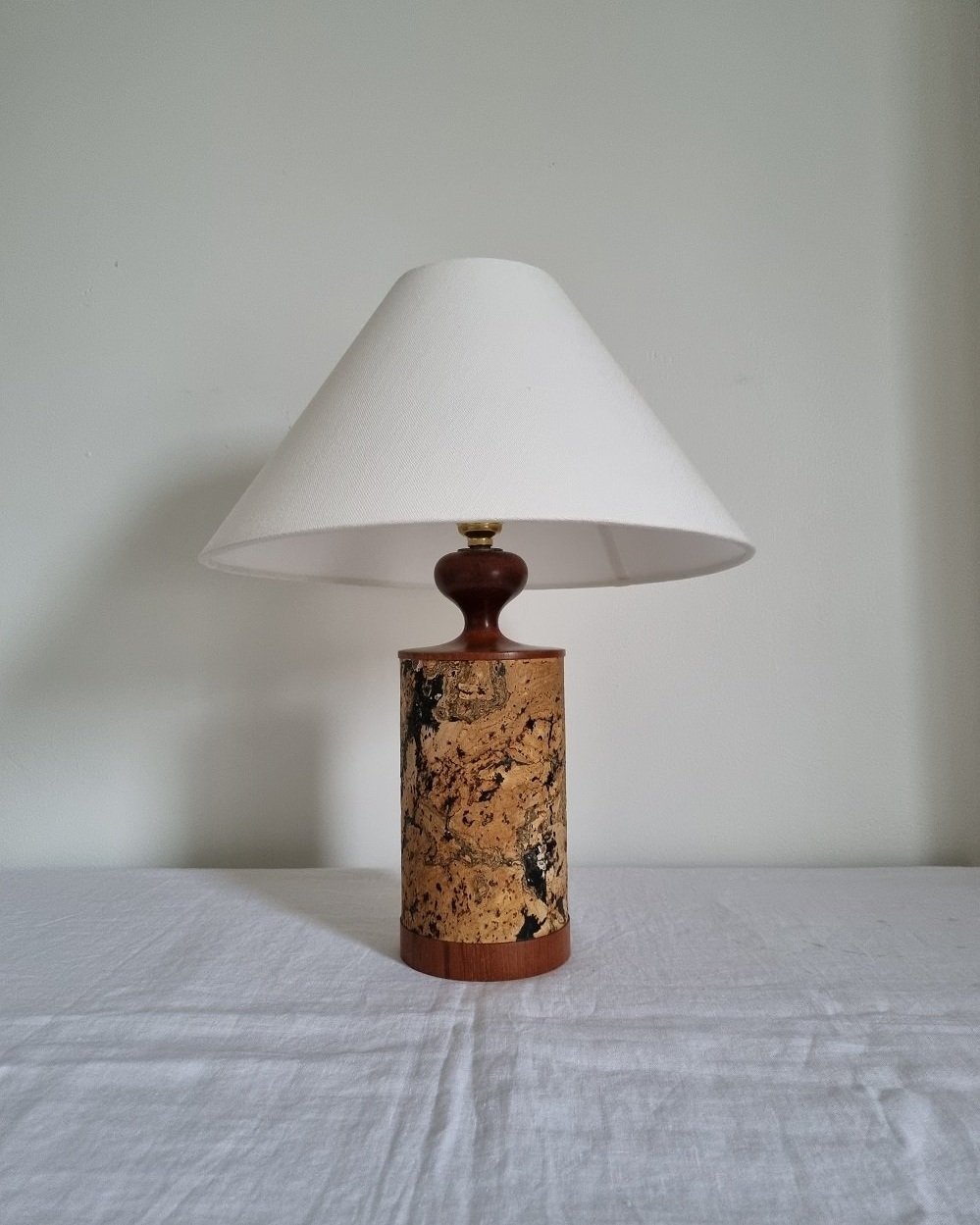 Mid century teak and cork table lamp, circa 1970s.