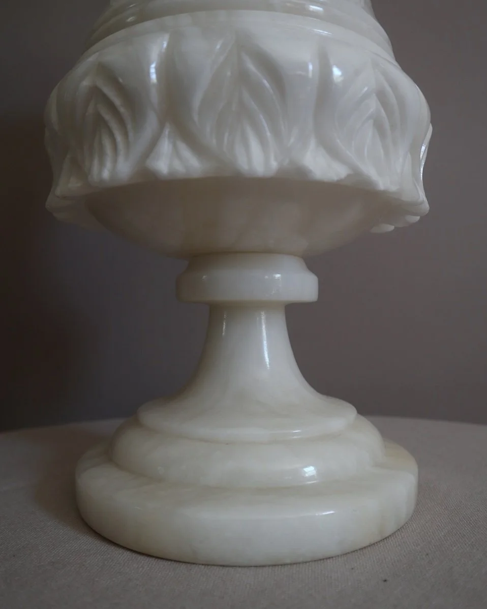 Large Italian carved alabaster urn table lamp, with delicate petal details.