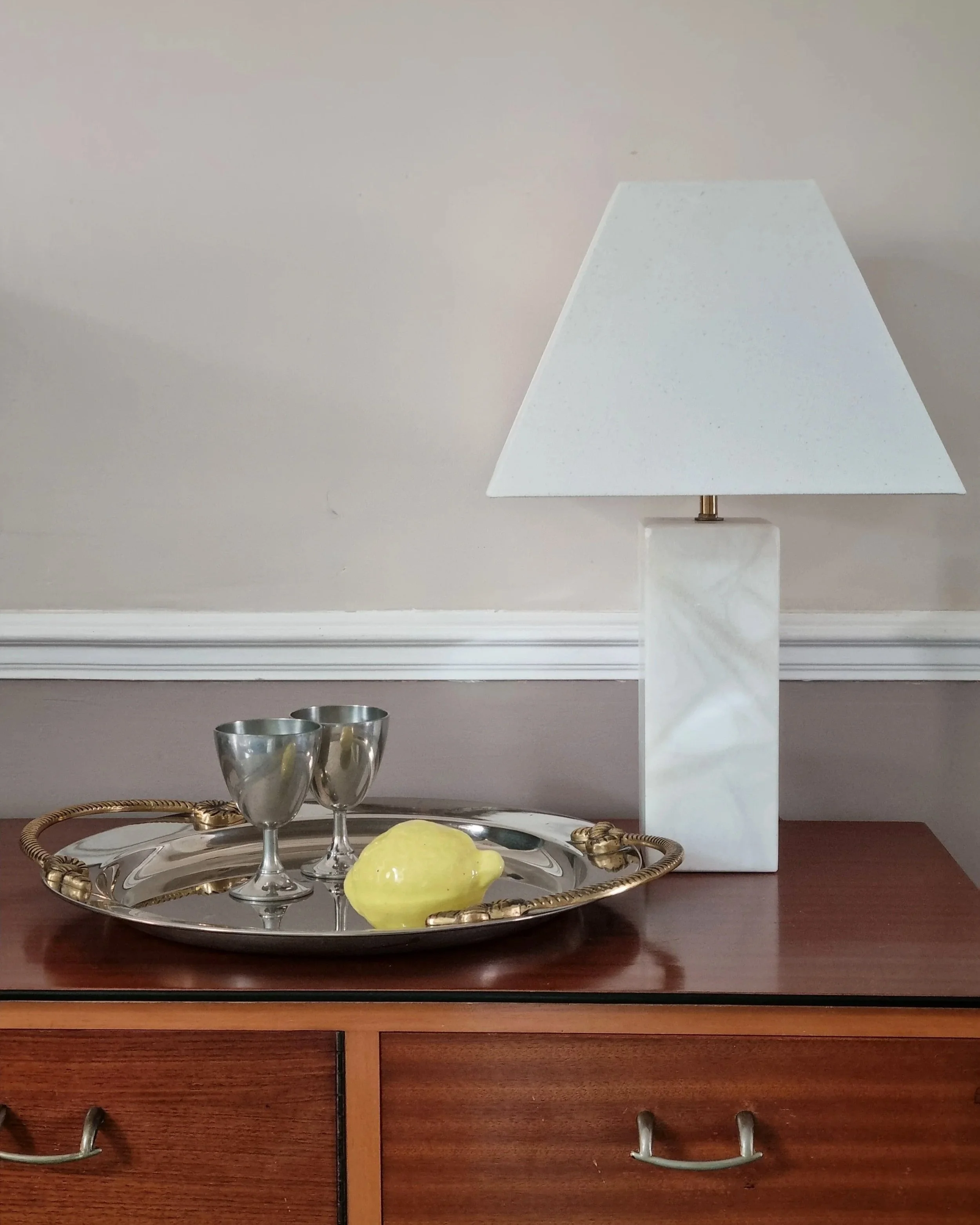 Vintage Spanish large rectangular solid white alabaster table lamp. Circa 1970s.