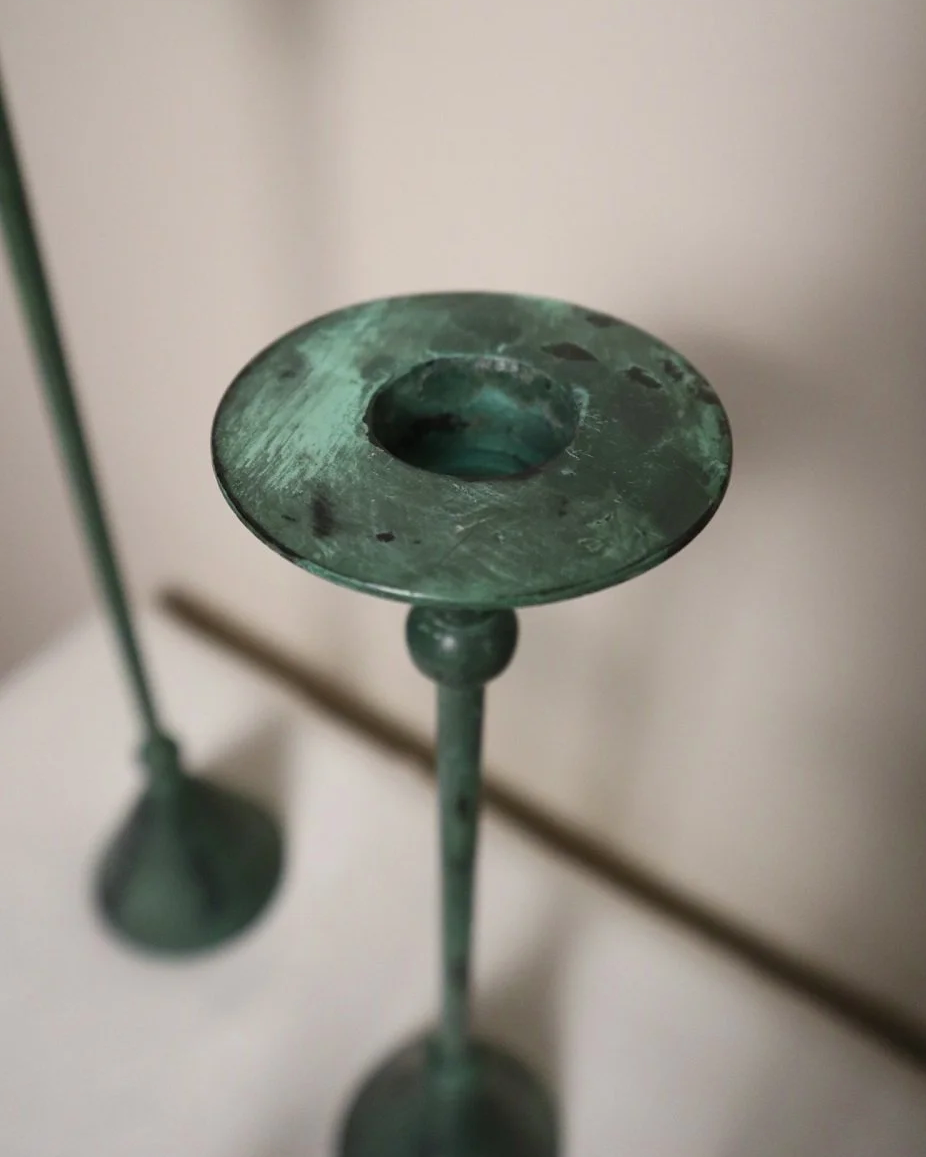 Set of 4 Postmodern verdigris metal candleholders, circa 1980s. In the Memphis style of Christian de Beaumont.