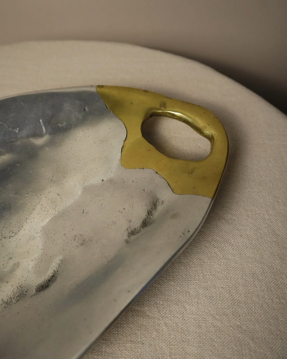 Brutalist heavy cast aluminium and brass decorative shallow bowl /dish by David Marshall, circa 1970s.