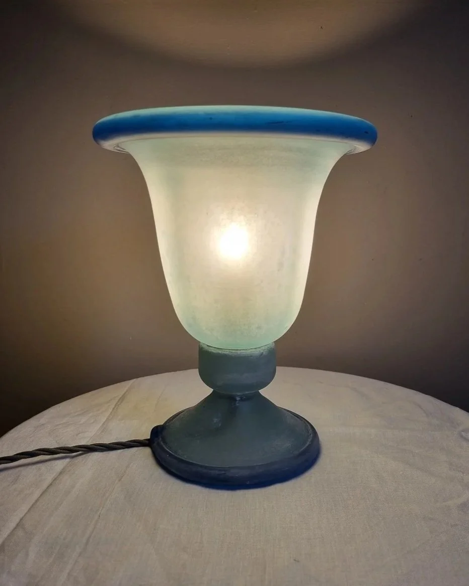 Italian Murano Scavo blue frosted glass table lamp. Circa 1970s.