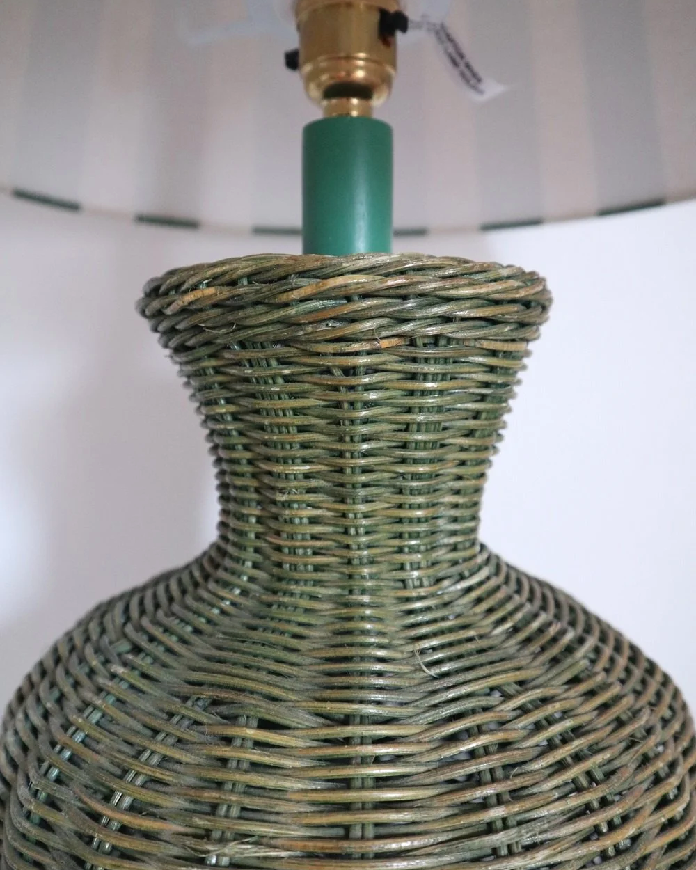 Vintage, large painted green woven wicker table lamp with new, vertical striped cotton lampshade.