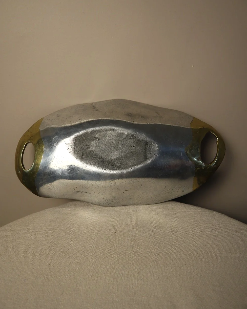 Brutalist heavy cast aluminium and brass decorative shallow bowl /dish by David Marshall, circa 1970s.