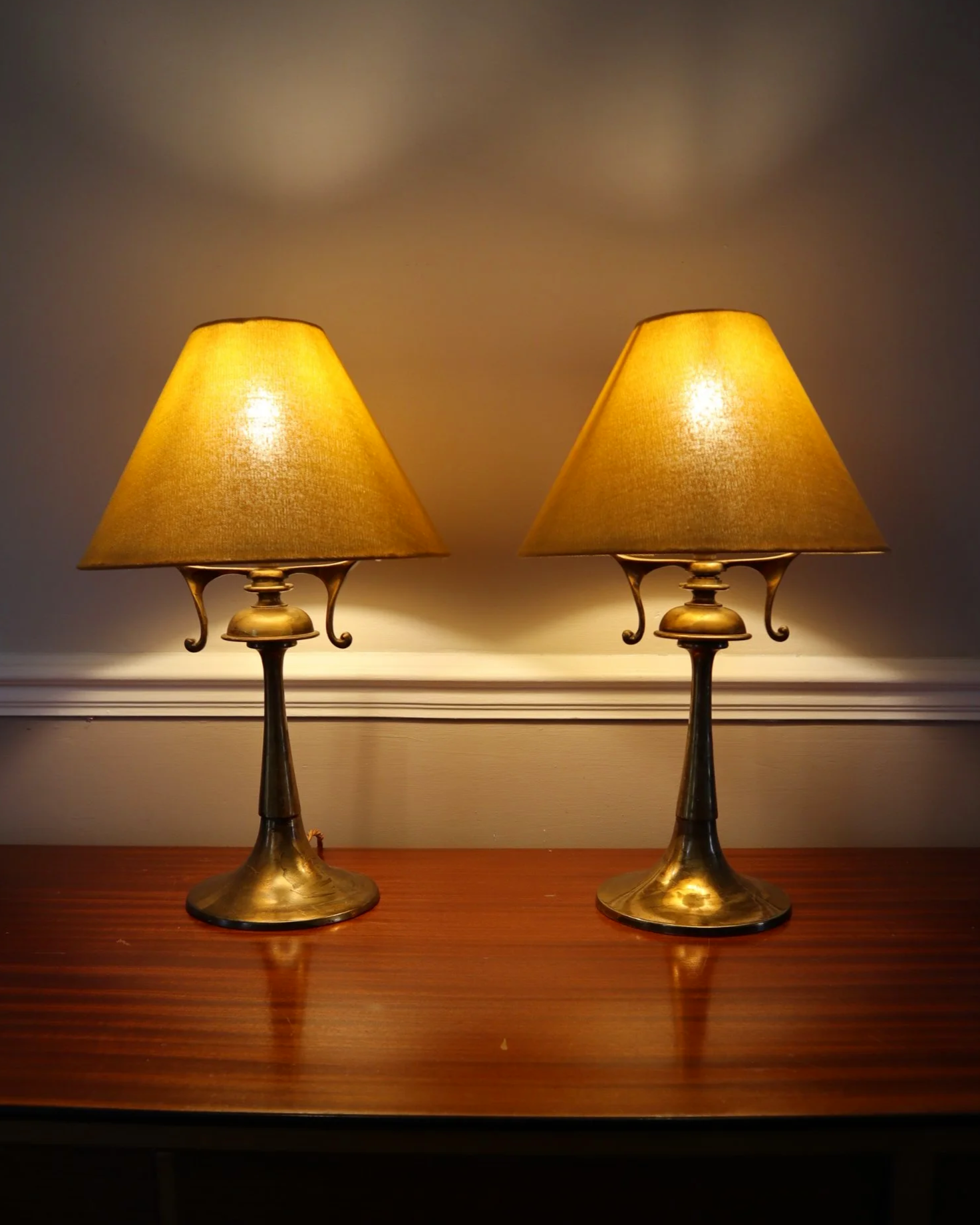 Pair of elegant Art Nouveau style heavy brass table lamps.