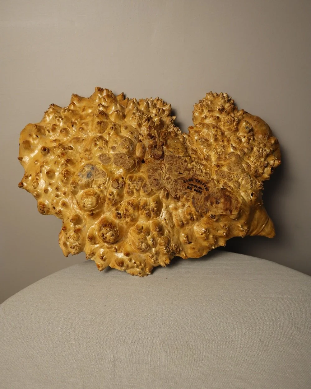 Decorative hand carved golden toned burr wood centrepiece dish with polished centre and organic naturalistic outside.