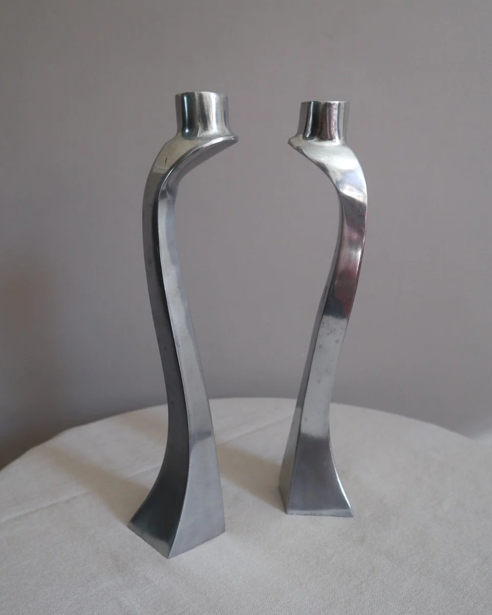 Pair of tall, elegant 1980s Modernist cast aluminium candleholders, likely 'Nessie' style designed by Matthew Hilton.