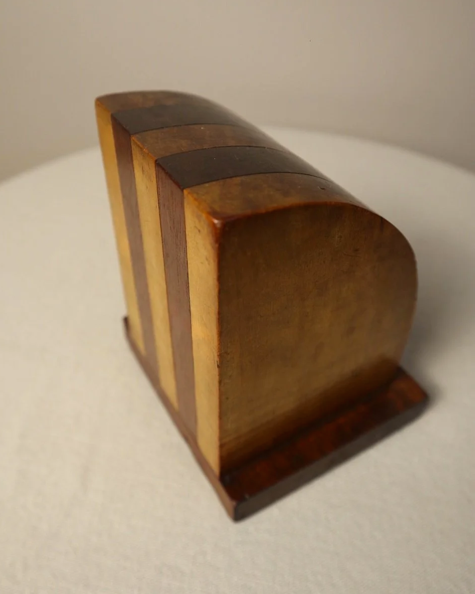 Vintage Art Deco style two tone arched wooden bookends.