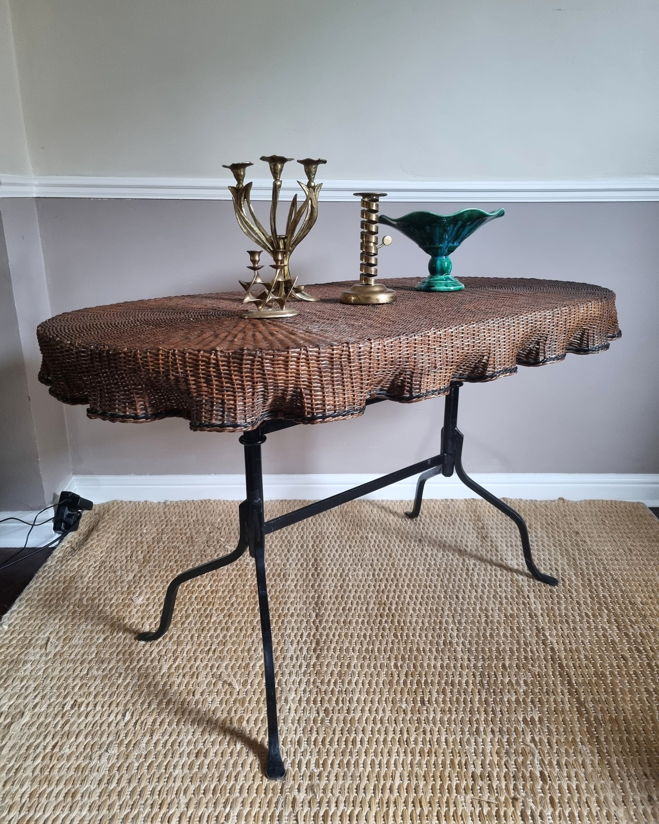 Rare, exquisite trompe l'oeil woven rattan table