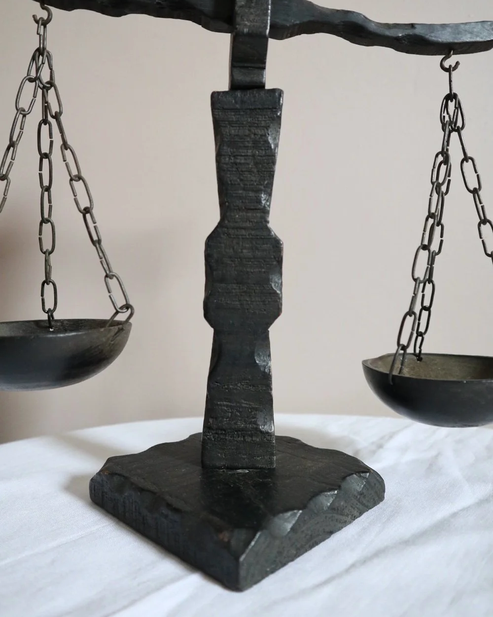 Vintage Spanish rustic carved wooden scales with circular hanging trays on chains.