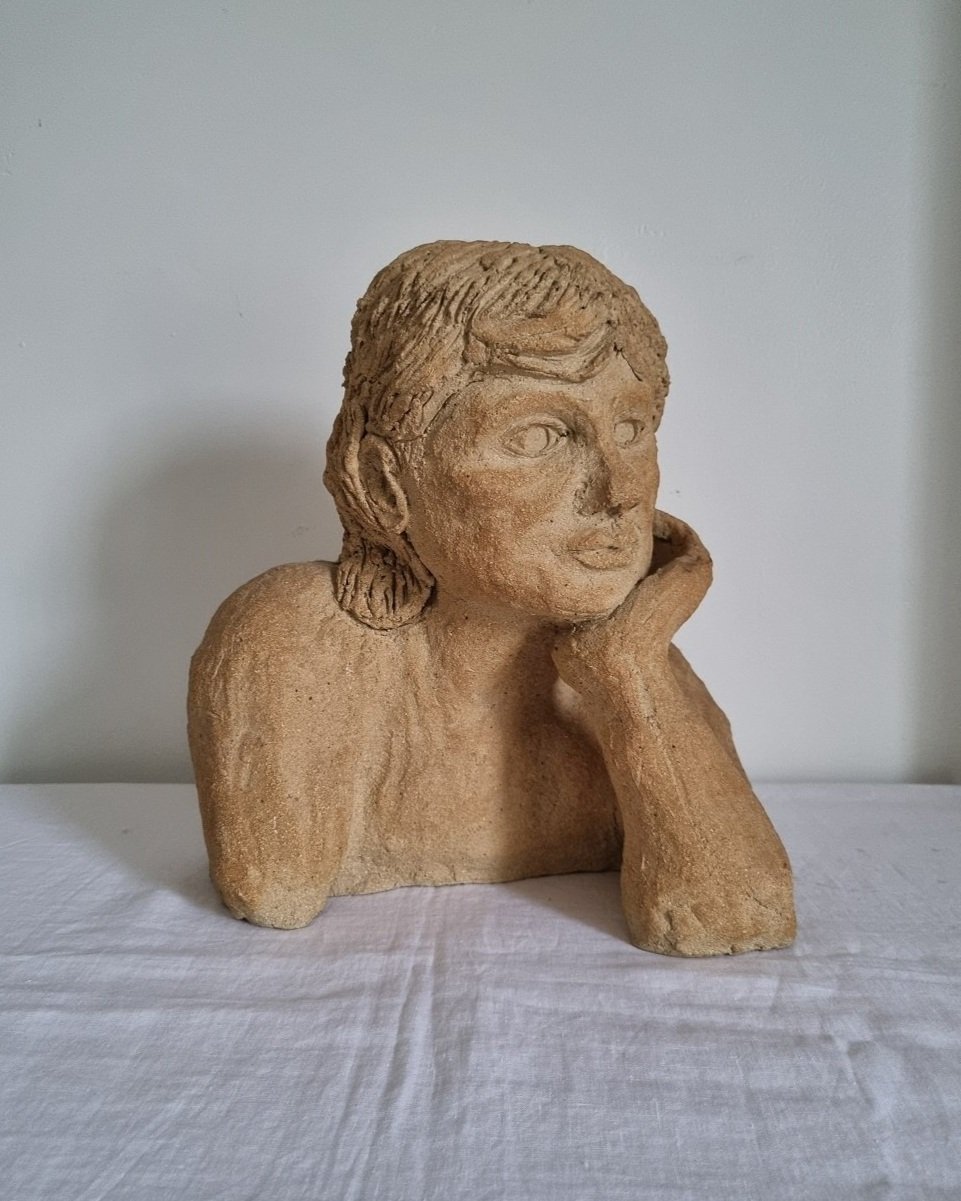 Large vintage handmade studio pottery textured bust sculpture.