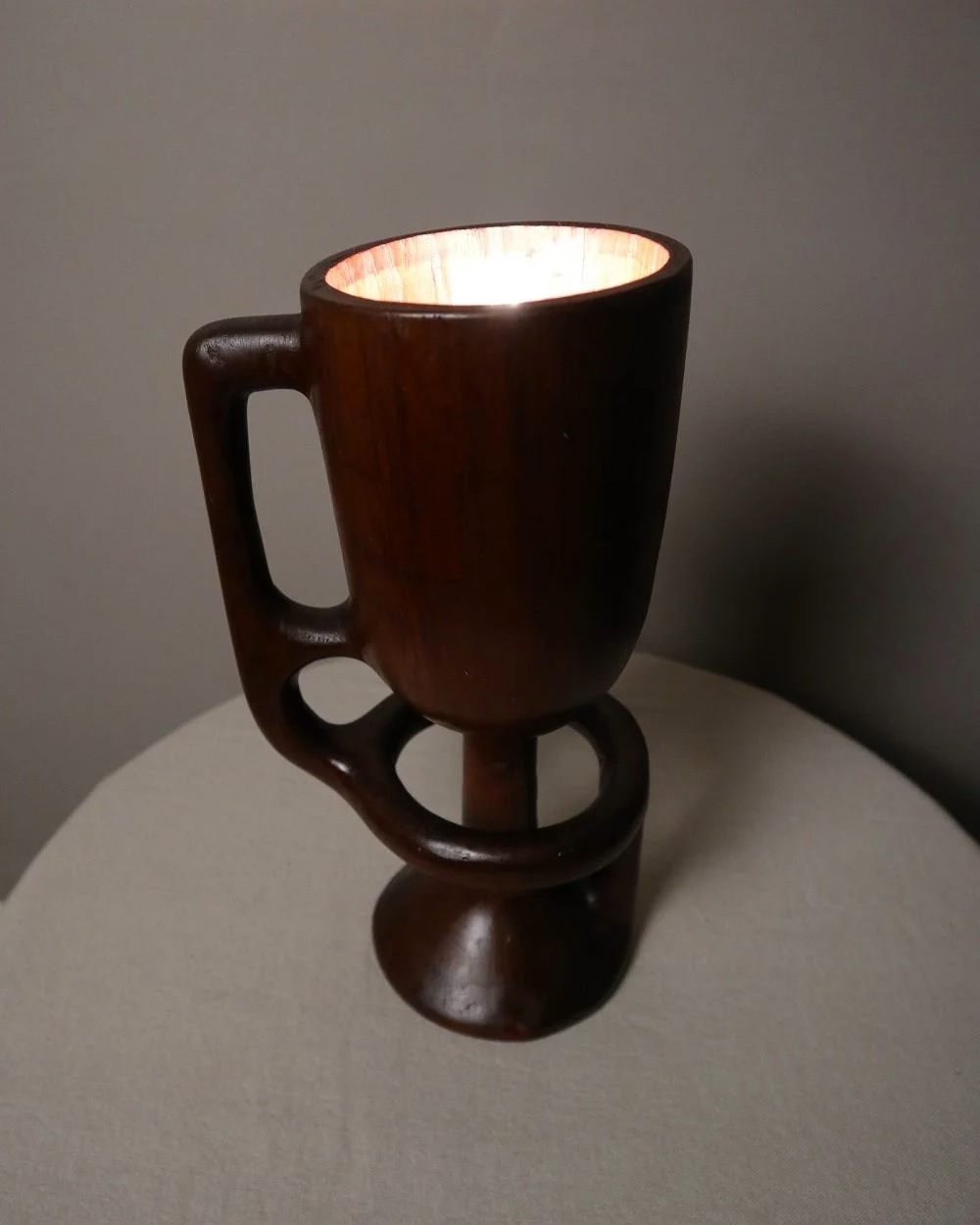 French sculptural carved wooden lamp. Originally circa 1970s