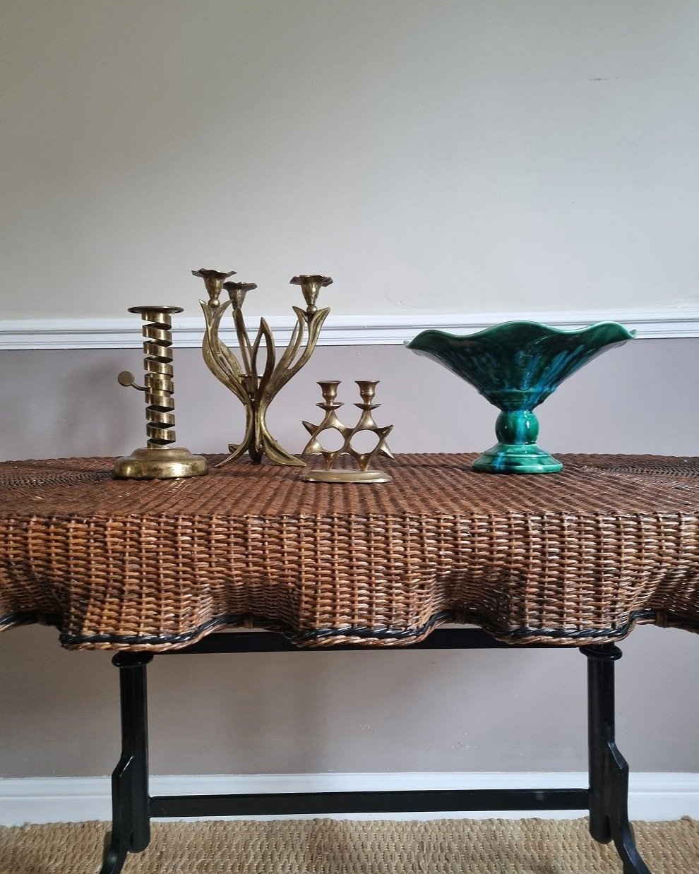 Rare, exquisite trompe l'oeil woven rattan table