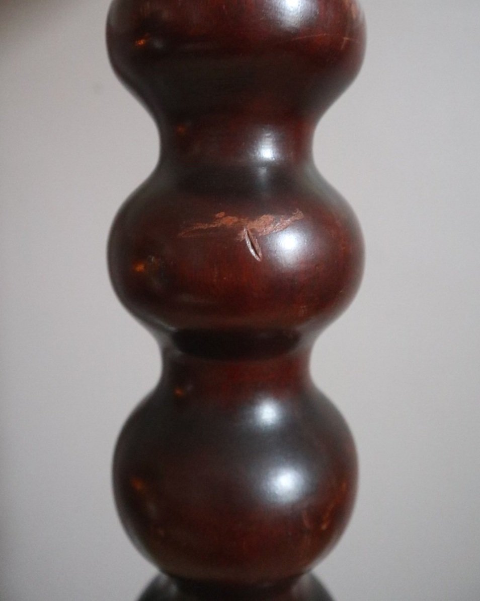 Tall mid century darkwood jardiniere plant stand display plinth with carved bobbin column and heavy turned wood base.