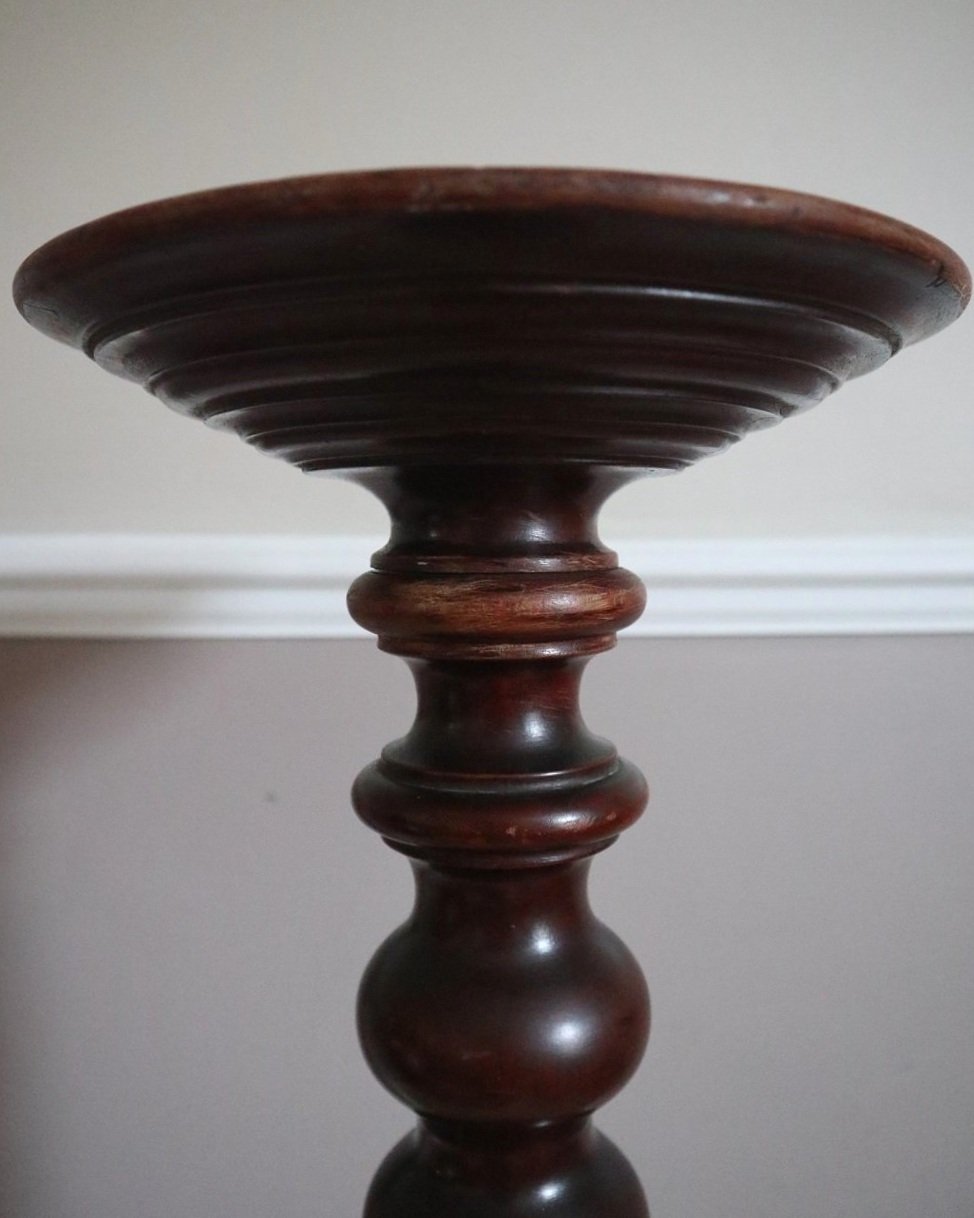 Tall mid century darkwood jardiniere plant stand display plinth with carved bobbin column and heavy turned wood base.