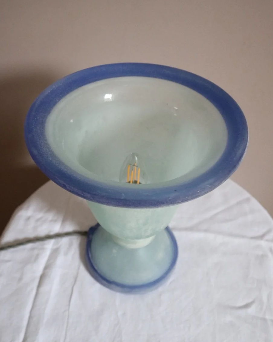 Italian Murano Scavo blue frosted glass table lamp. Circa 1970s.