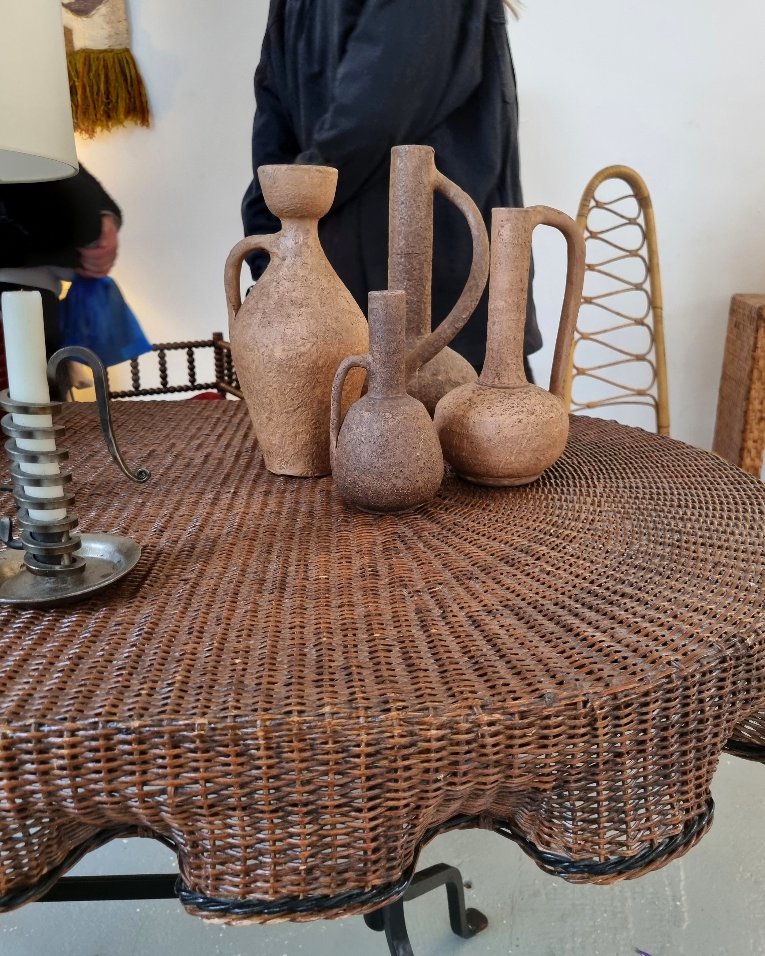 Rare, exquisite trompe l'oeil woven rattan table