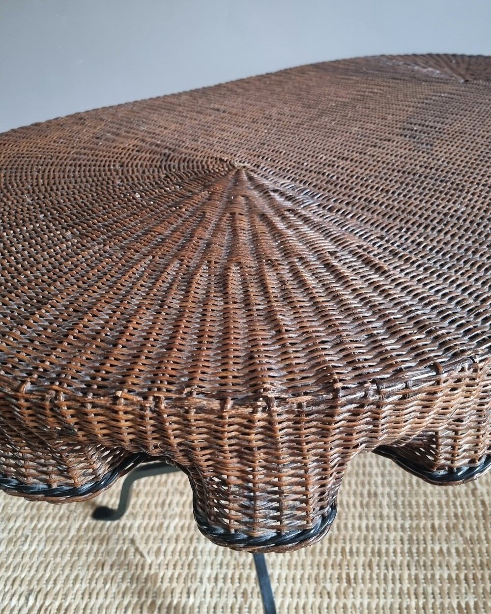 Rare, exquisite trompe l'oeil woven rattan table