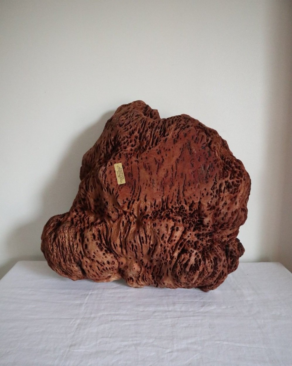 Large Australian hand carved red gum burl wood centrepiece bowl with polished centre and organic naturalistic outside. Signed 'M Bailey' and original Merv Bailey sticker to base.