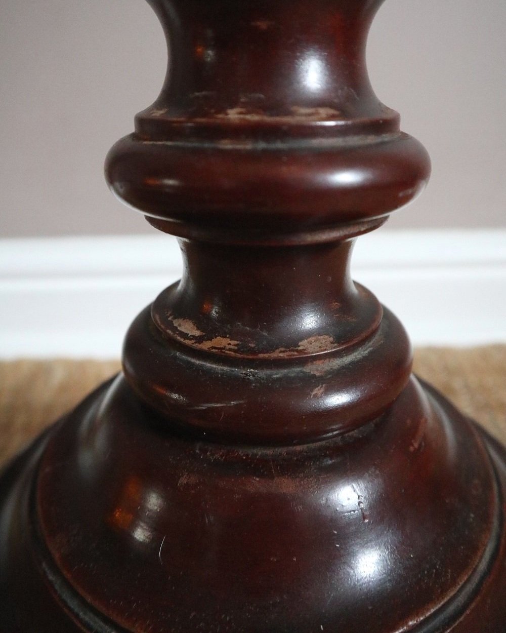Tall mid century darkwood jardiniere plant stand display plinth with carved bobbin column and heavy turned wood base.