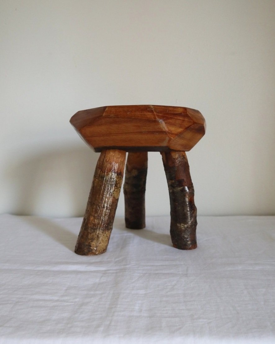 Vintage small rustic folk art handmade wooden stool from Fenterleigh Woodcraft, Tintagel Cornwall, Circa 1940s.