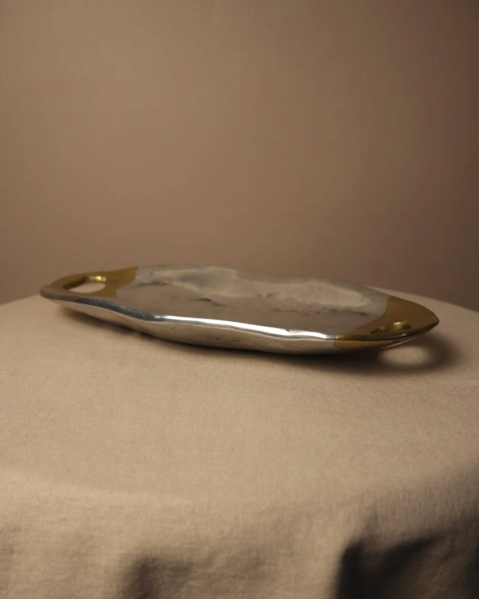 Brutalist heavy cast aluminium and brass decorative shallow bowl /dish by David Marshall, circa 1970s.