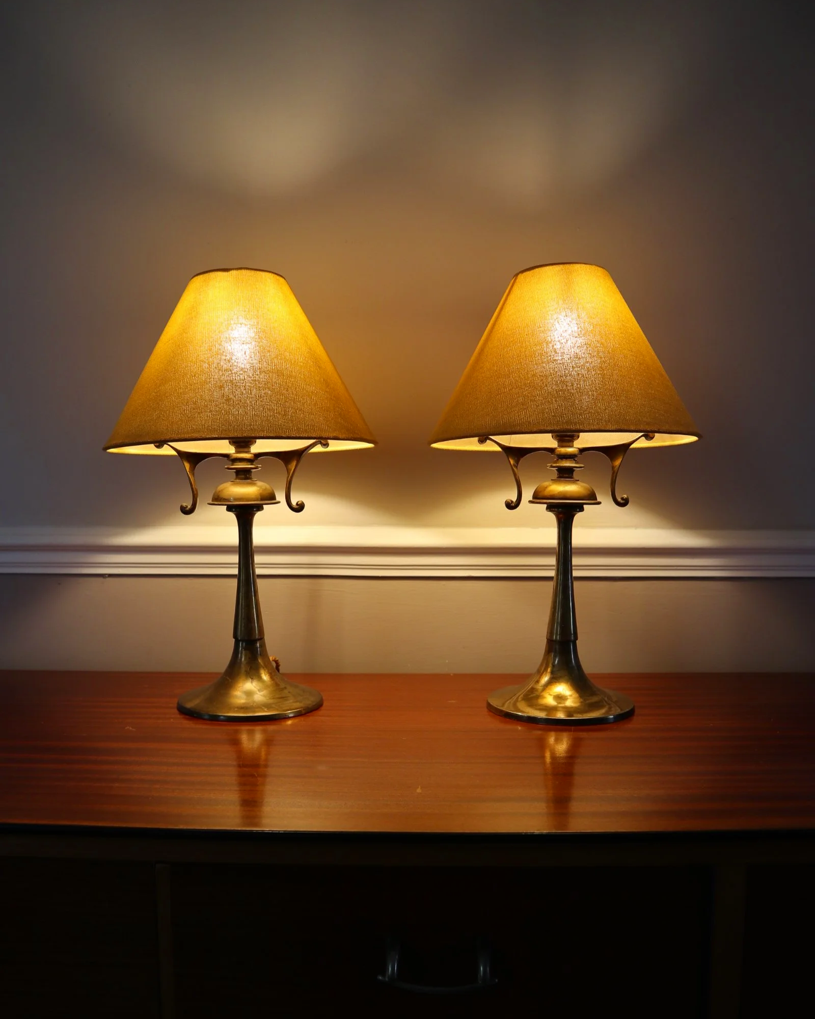 Pair of elegant Art Nouveau style heavy brass table lamps.