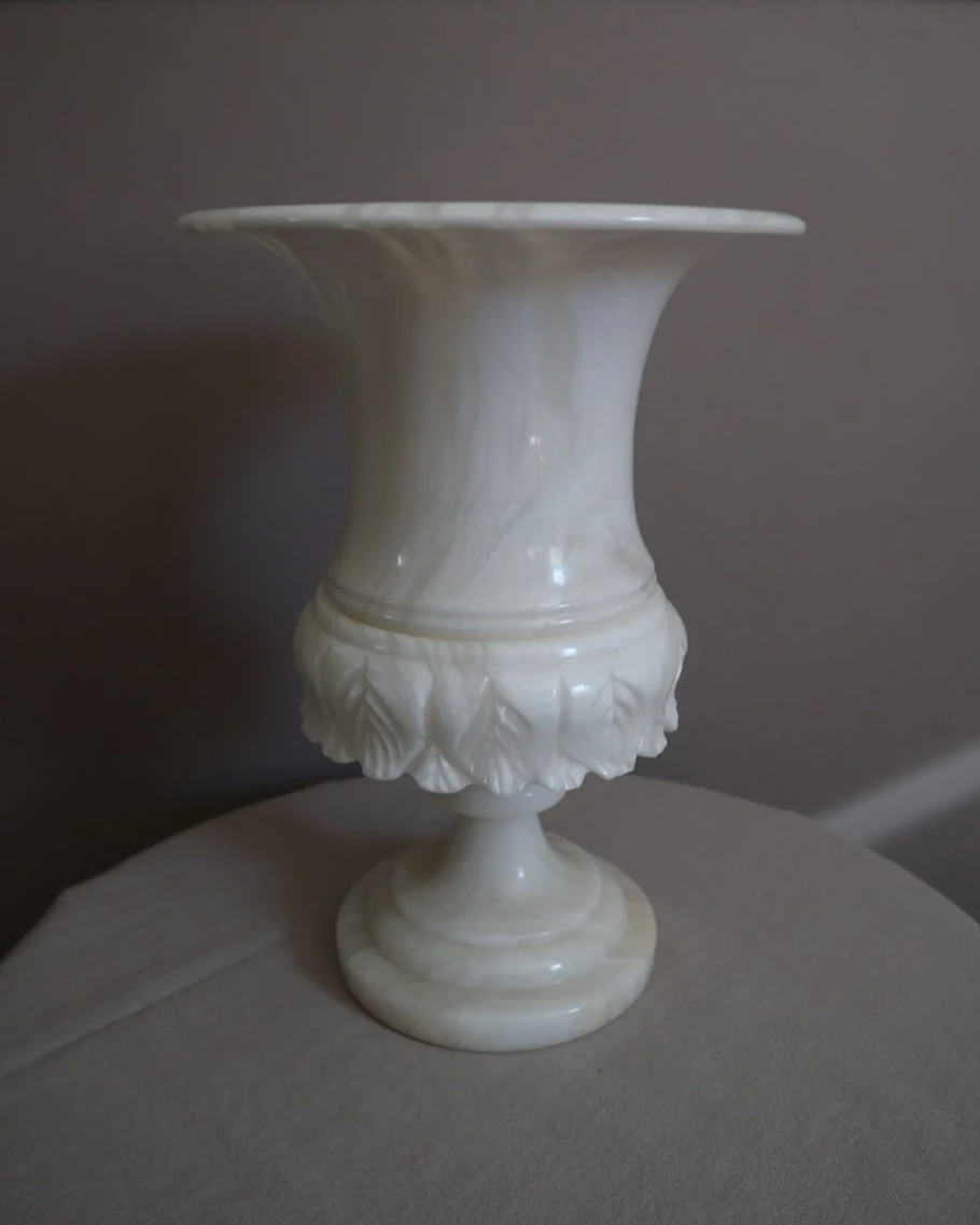 Large Italian carved alabaster urn table lamp, with delicate petal details.