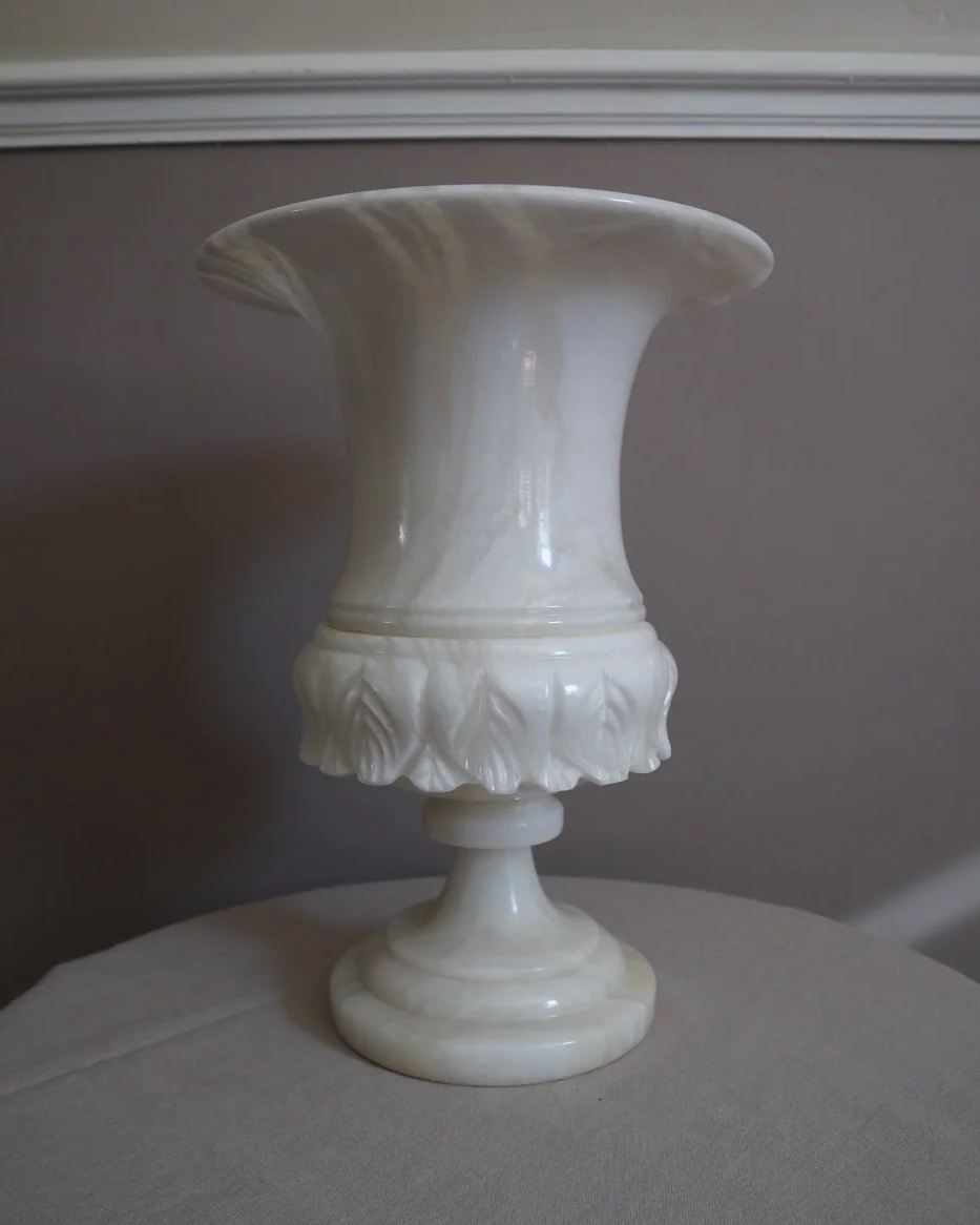Large Italian carved alabaster urn table lamp, with delicate petal details.